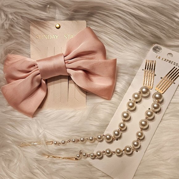 New (2) Large Pink Satin Hair Bow and Pearl Clip Decoration - Picture 6 of 8